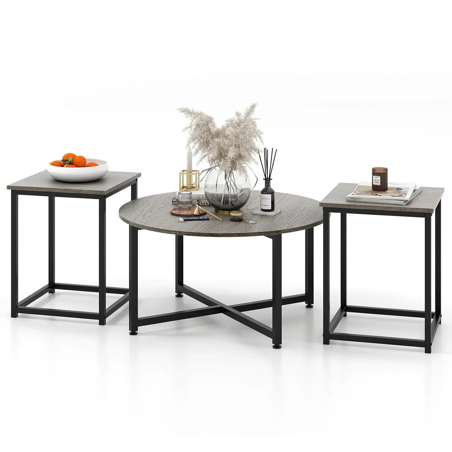 

3Pc Round Nesting Coffee Table Set Wood Top Metal Frame Living Room Office Gray Black,Customized