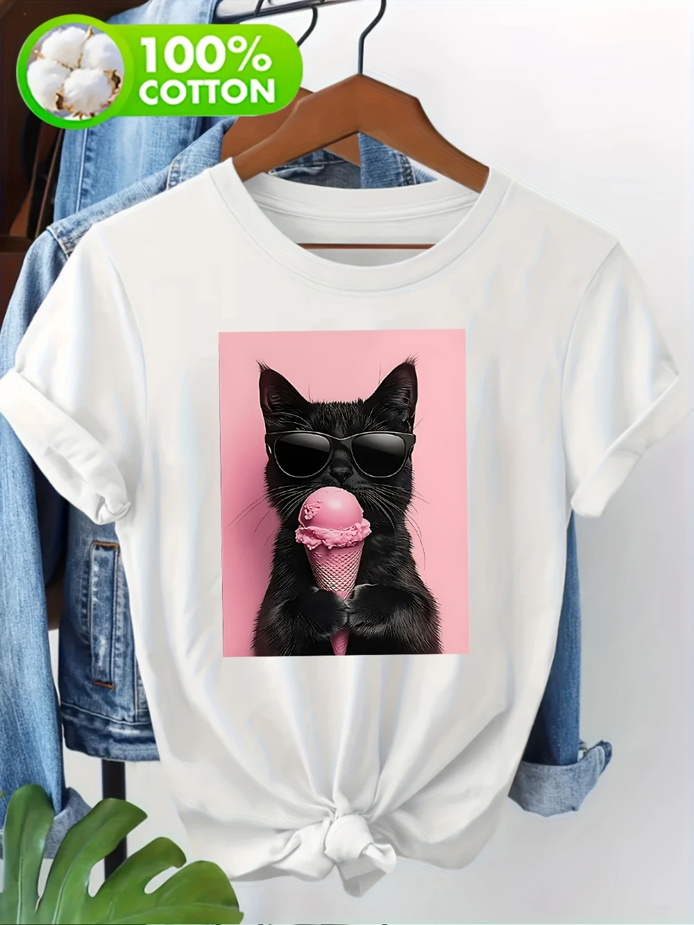Ladies' Black Cat Ice Cream Printed T-shirt Casual Short Sleeved Shirt Cute Animal Pattern Top Suitable for Daily Wear in Summer