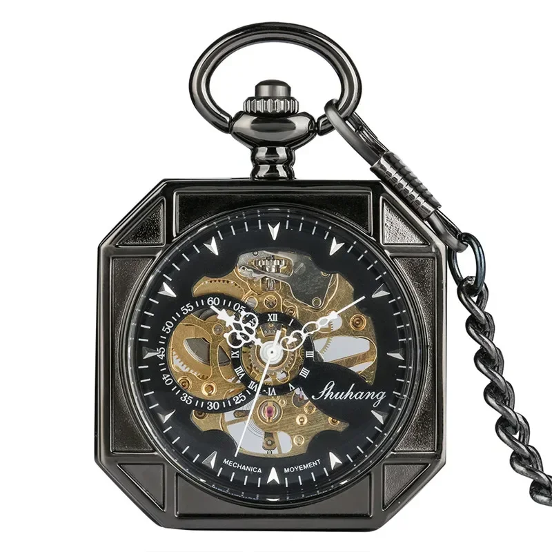 Classic Open Face Watch Men Women Hand-winding Mechanical Pocket Watch Roman Numerals Pendant Chain Fob Skeleton Clock