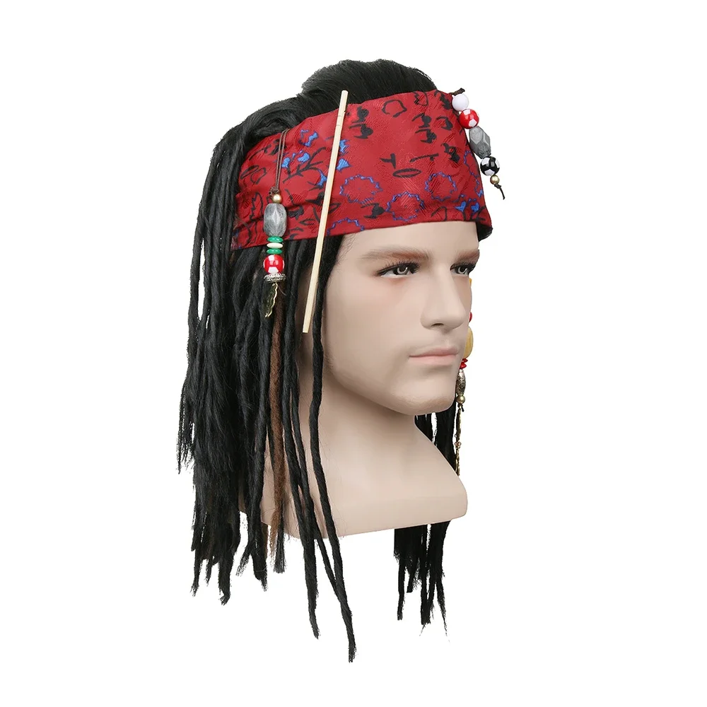 Casco  Cosplay  pirata Medieval para adultos, peluca  pirata Jack  pelo largo exquisito, trenzas, pañuelo para la cabeza