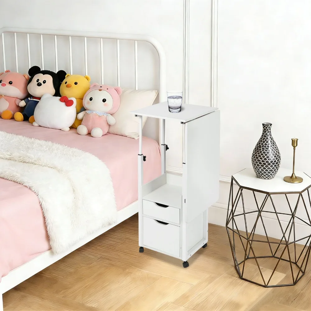 Overbed Table, Durable Adjustable Bedside Table with Cabinet, Height Adjustable 27.56-34.65 Inch, White Frame, Anti-Rust Metal Support for Storage