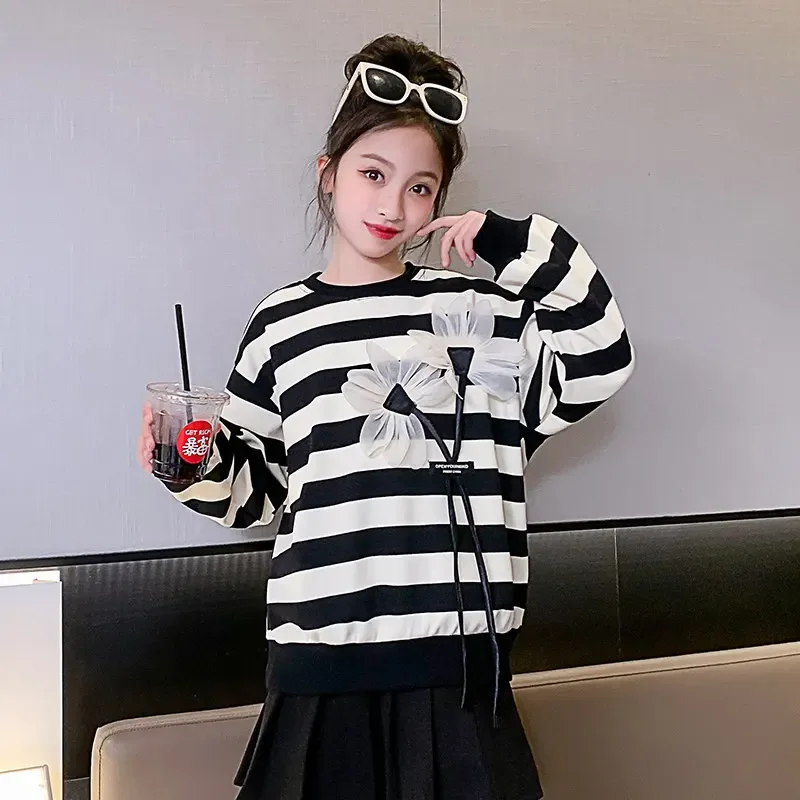 

Teen Girls Sweatshirt Spring Fall Korean Children's Clothing Fashion Striped Print with Flowers Tops 10 12 13 14 Years Old Kids