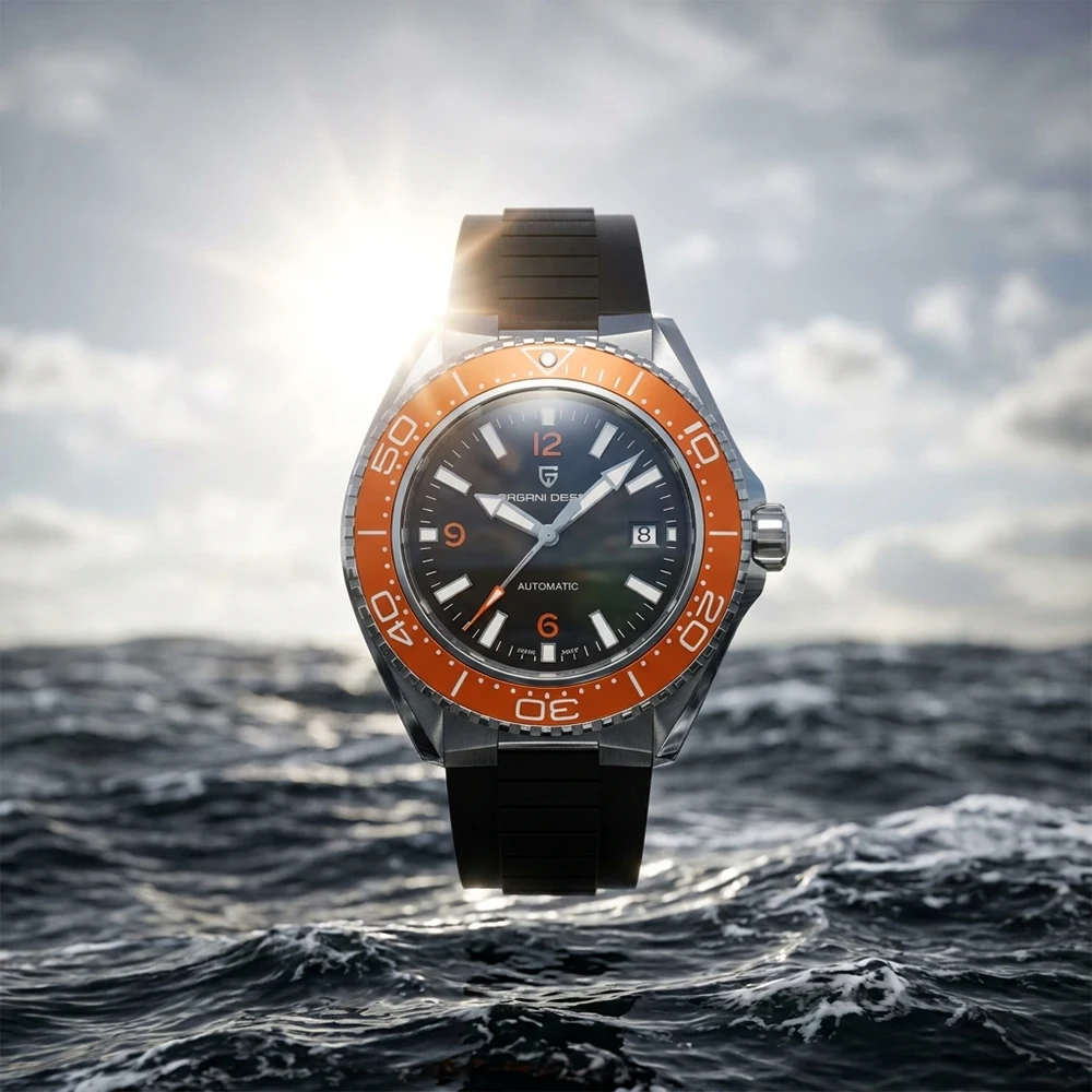 PAGANI DESIGN Automatic Dive Watch Men Black Dial Orange Bezel 100M Waterproof Luminous Rubber Strap Sport Mechanical Wristwatch