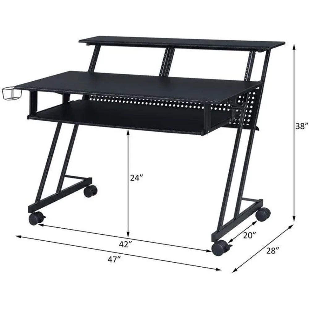 طاولة سوداء لاستوديو الموسيقى الفردي مع صينية لوحة مفاتيح واحدة، 4 عجلات، حامل أكواب، 47 طول × 27 عرض × 38