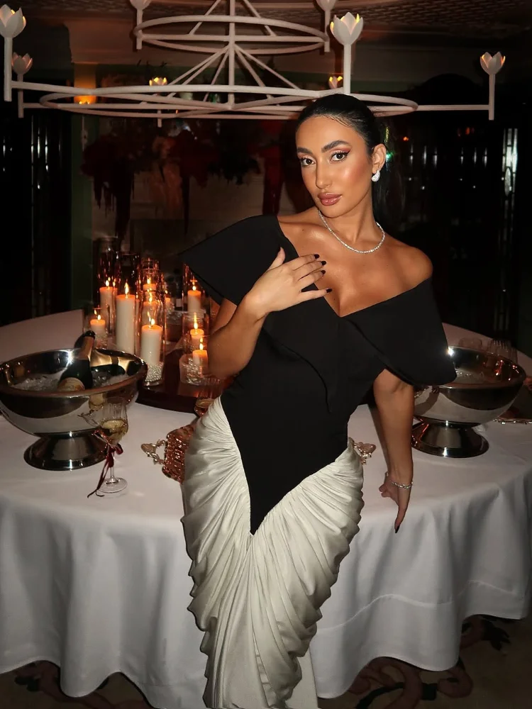 Cor bloqueando cetim plissado maxi vestido feminino moda manga curta fora do ombro cintura cinching vestidos finos senhora 2025 vestido de festa