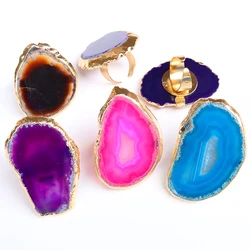 Irregular Natural Stone Agate Rings Wide Open Bohemia for Women Gold Plated Resizable Finger Jewelry