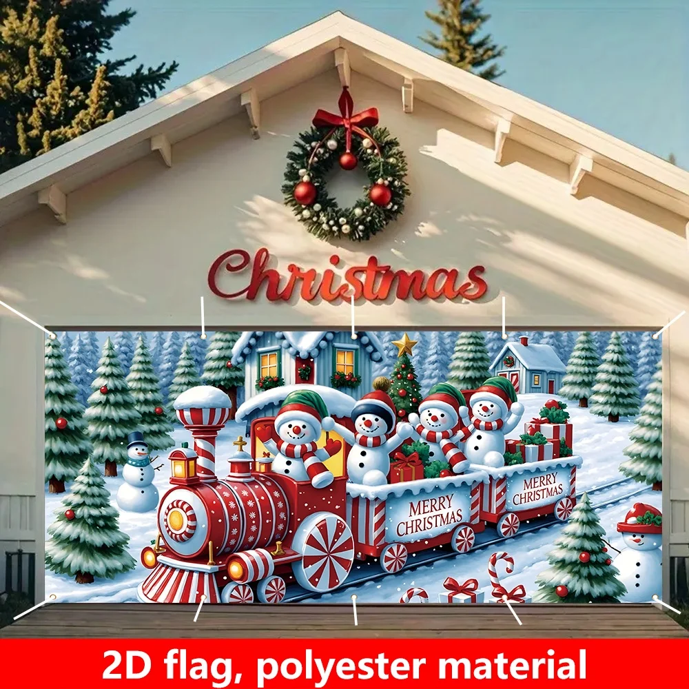 

2D Flat 1pc Large Christmas Party Garage Door Decoration, 180x400cm Garage Banner, Merry Christmas Snow Train, Snowman Pattern