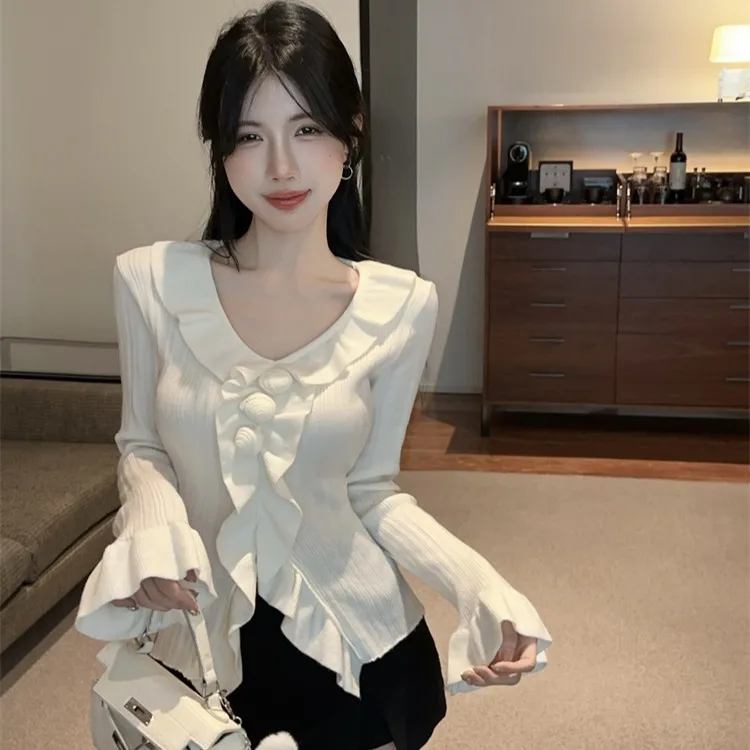 Sexy V-Ne Bell Sve Ruffle Hem Base irt Anti-envejecimiento Versátil Jersey de punto Otoño Invierno Mujer Slim Fit Long Sve...