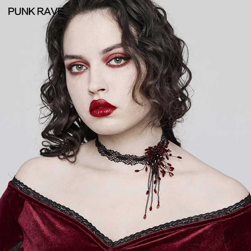 

PUNK RAVE Women's Gothic Beautiful Blood Drop Choker Exquisite Lace Temperament Chain Pendant Accessory Adjustable At Back