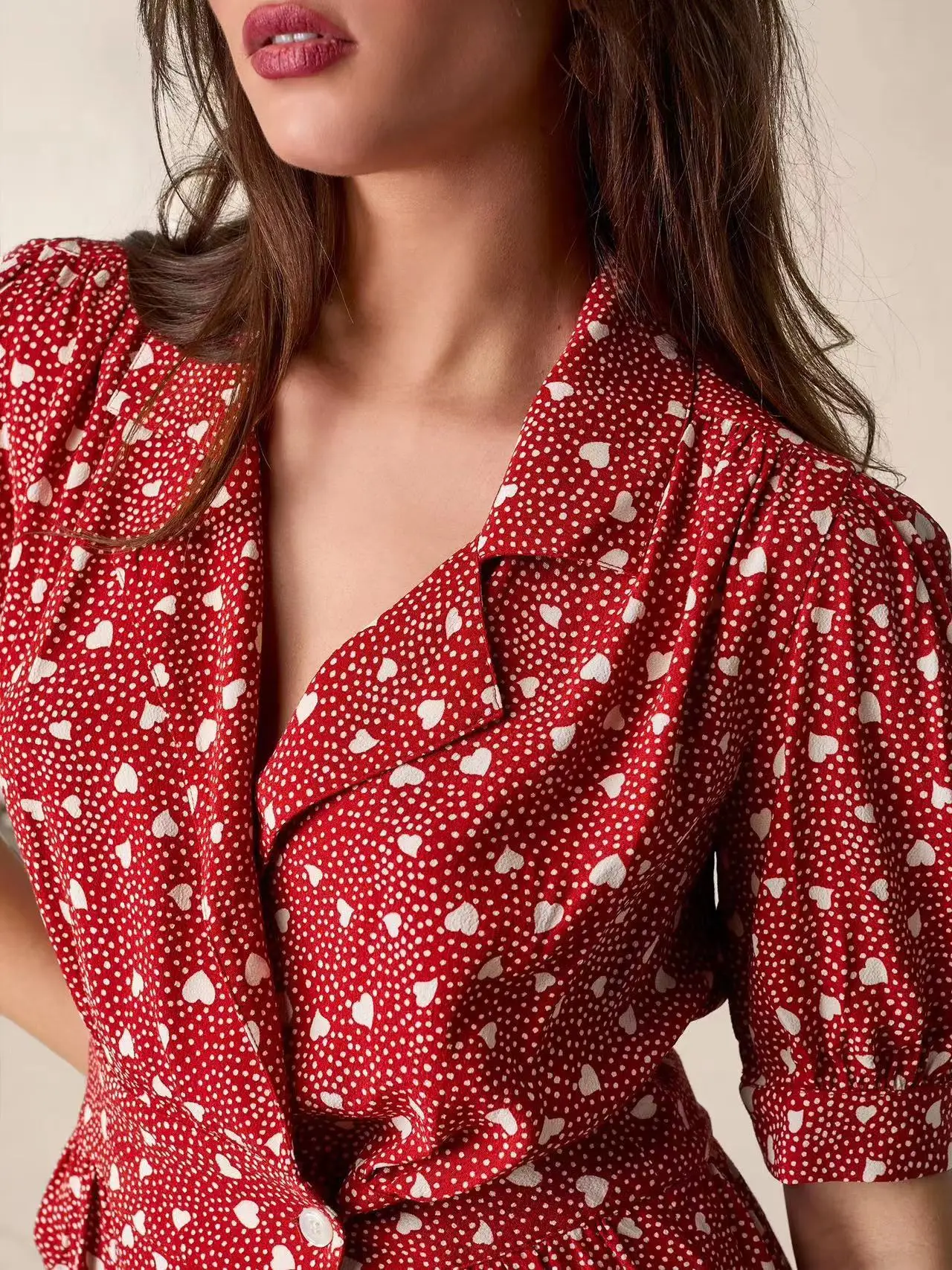 Heart Shaped Printing Women Red Blouse Summer New 2024 Half Sleeve V-Neck Single Button Vintage Female Waist Slim Shirt