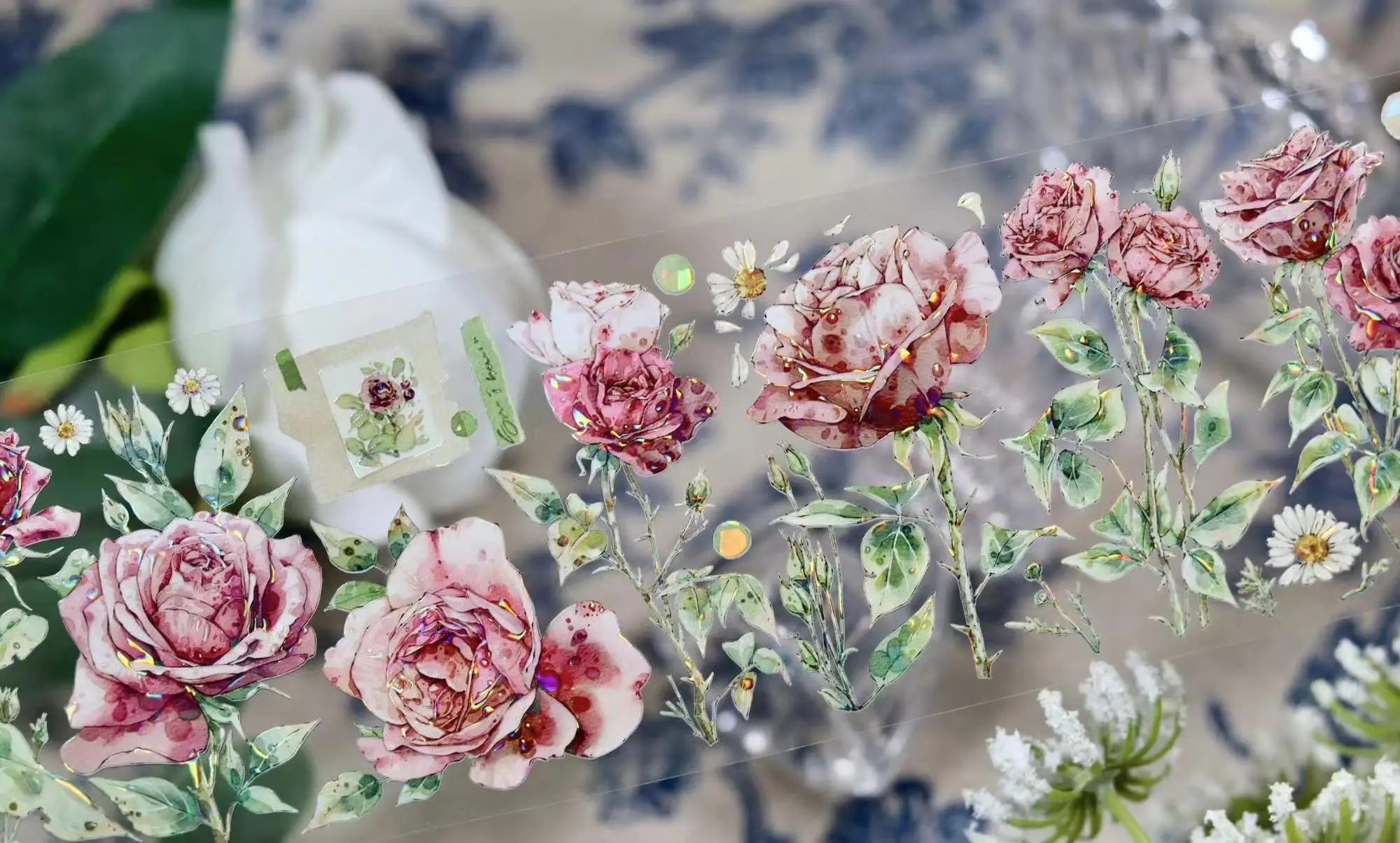 شريط واشي زهري عتيق للحيوانات الأليفة ، ملصق زخرفي لصنع البطاقات ، خطة سكرابوكينغ سهلة الاستخدام ، وردة حمراء وزهرة بيضاء #5