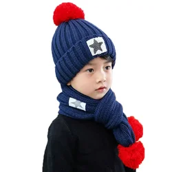 Chapéu de inverno e cachecol conjunto para crianças meninas crianças boné cachecóis meninos estrela design malha pom pom gorro de veludo quente 2 pçs terno