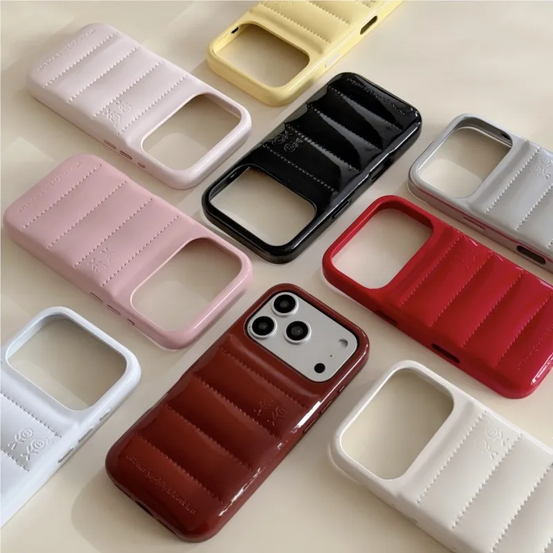 

3D Puffer Down Jacket Texture Glossy Shockproof Phone Case for iPhone 13 14 15 16 17 Pro Max Candy Color Anti-Fall Unisex Cover