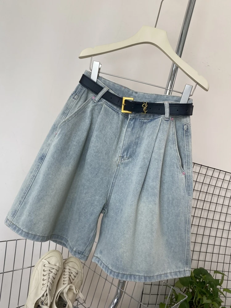 

High Waist Pleated Five-Point Denim Shorts Women's Summer New Style Lazy Fashion Wide Leg Pants Meat Concealing Slimming