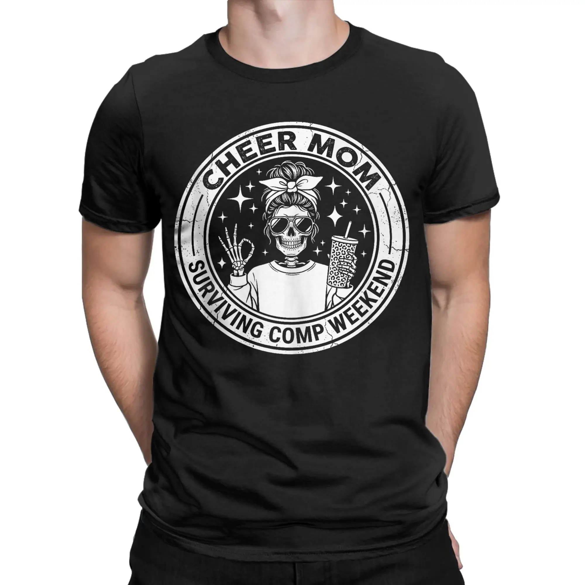 Men T-Shirt Cheer Mom Surviving Comp Weekend Funny Cheerleading Skeleton  Cotton Tee Shirt Short Sleeve  T Shirts Tops Printing