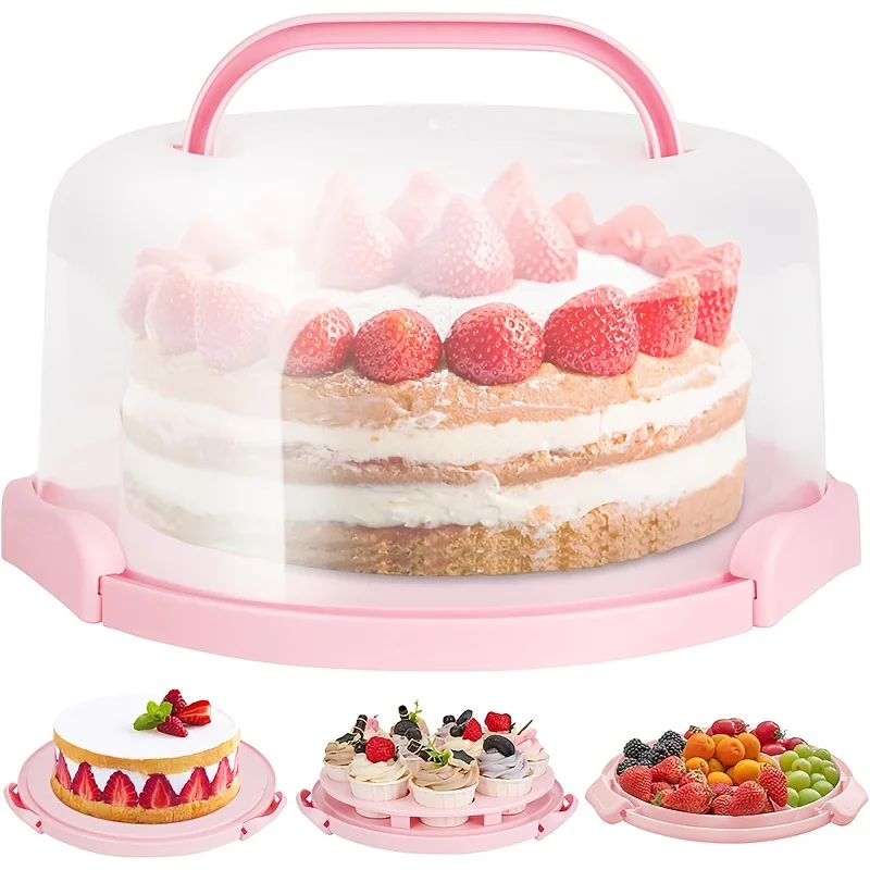 10 Inch Cake Carrier with Lid, BPA-Free Plastic Cake Storage Container & Cupcake Keeper, 2-Sided Base with Handles for T