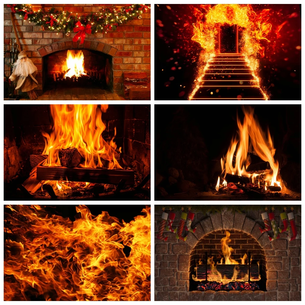 Winter Burning Firewood Backdrop Christmas Brick Wall Fireplace Flame Wood Baby Portrait Photography Background For Photo Studio