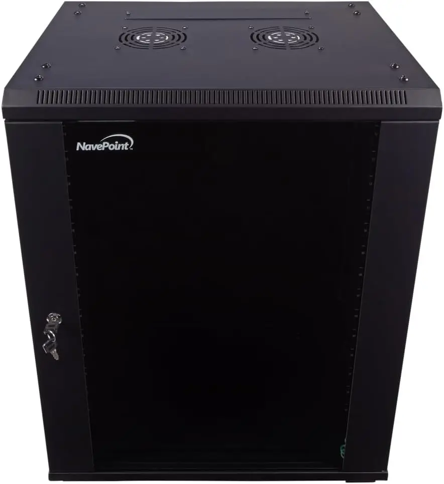 15U  Cabinet Wall Mount Rack Enclosure with Caster Wheels, Includes 2 Fans, Locking Glass Door, Removable Side P