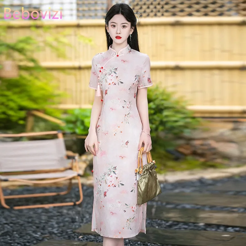 

Traditional Chinese Style Retro Cheongsam New Short Sleeve Modern Improved Qipao Pink Evening Dresses Plus Size 5XL