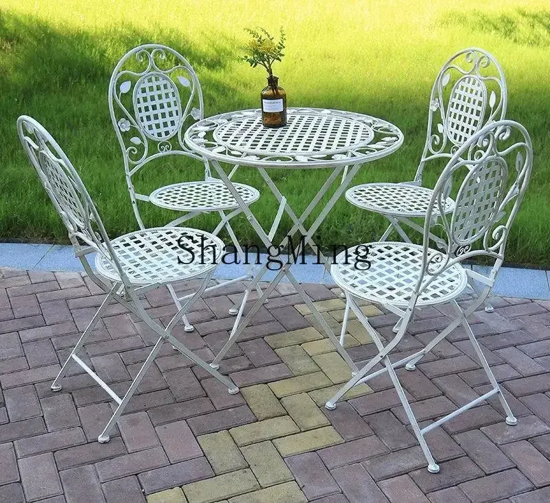 ชุดโต๊ะและเก้าอี้เหล็กดัดสไตล์เรโทรสำหรับกลางแจ้ง เฟอร์นิเจอร์ระเบียงโลหะ ชุดโต๊ะและเก้าอี้แบบรวม