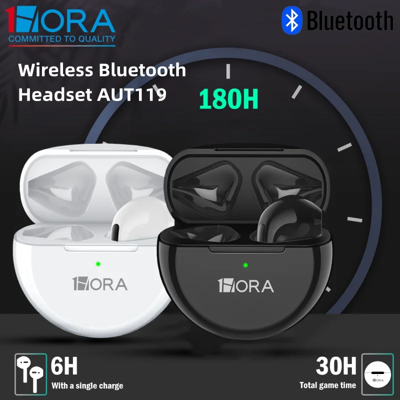 1HORA AUT119 سماعات رأس لاسلكية TWS Bluetooth 5.3 صوت واضح داخل الأذن متوافقة مع IOS/Android/الأجهزة اللوحية