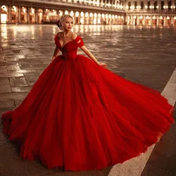 Romantic Red Wedding Dress Off Shoulder Fluffy Tulle Ball Gown Crystal Beads Custom Made Bridal Dresses Robe De Mariée