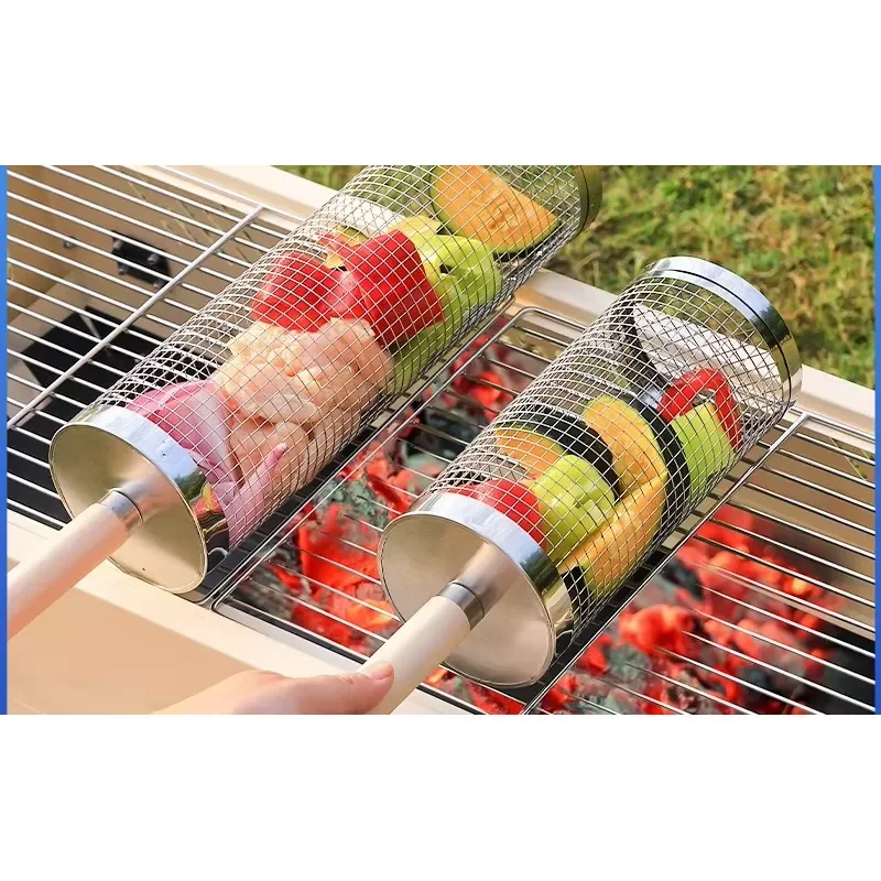 Wooden Handle BBQ Cage BBQ Basket  Portable Net Rotary Roll Round Tube