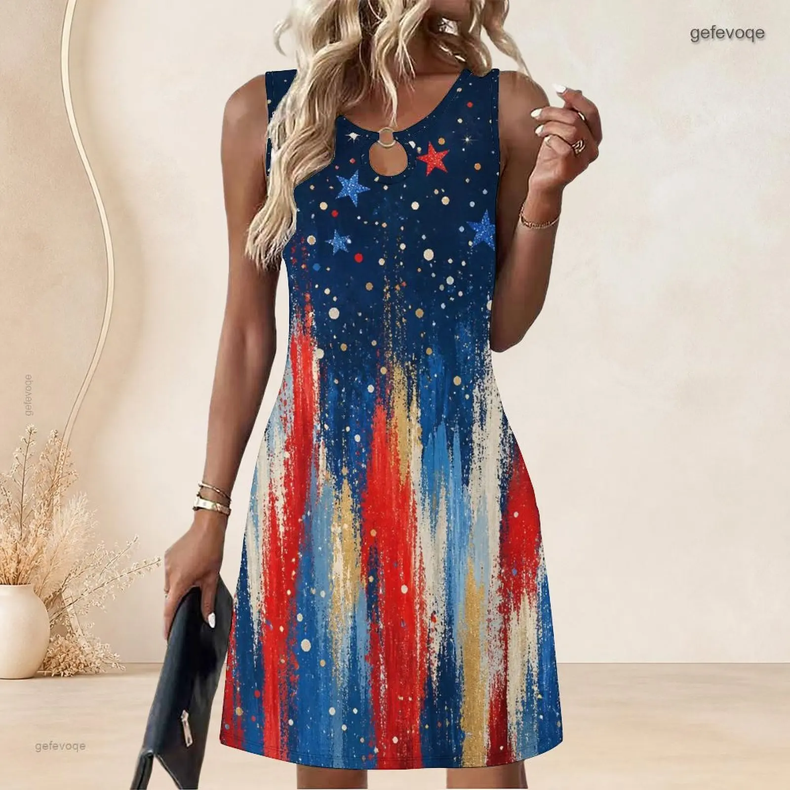 Women Sleeveless A Line Mini Dress O Ring Keyhole Neckline Loose Swing Short Dress Custom Print Ladies Casual Daily Dress