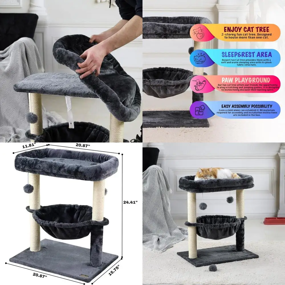 

24-inch Multi-Level Cat Tower with Hammock, Scratching Post, and Space-Saving Bed for Large Cats (Gray)