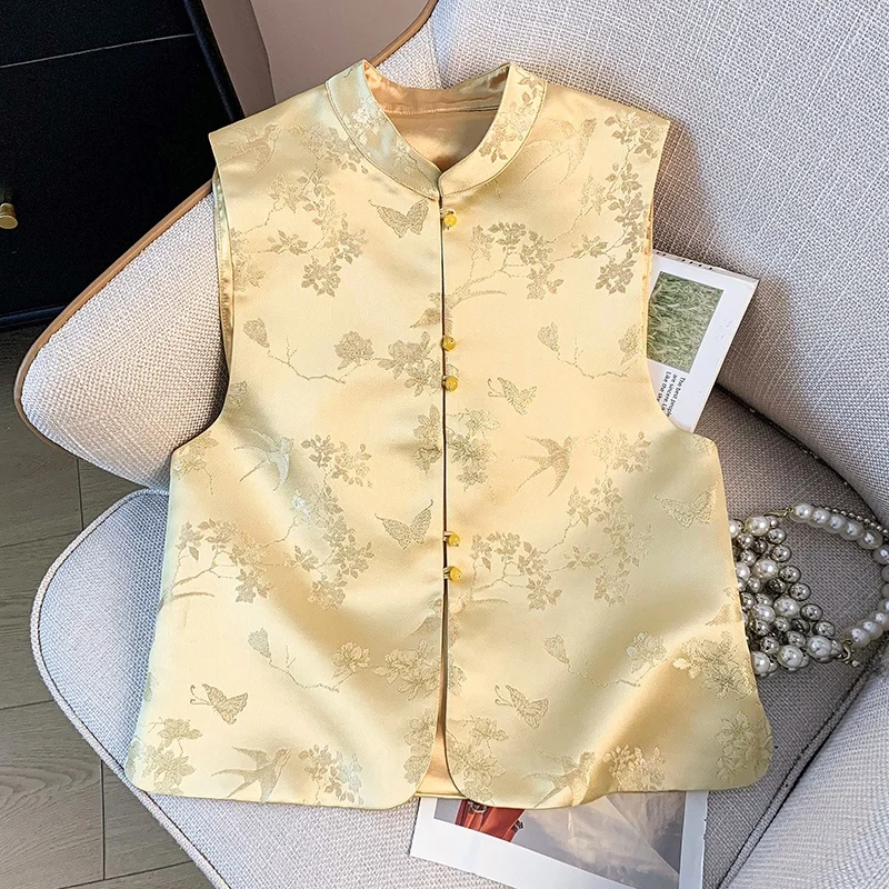 

New Chinese Style Embroidered Satin Women's Jacket Collarless Top Button Design Versatile Outerwear for Young Women 18-25