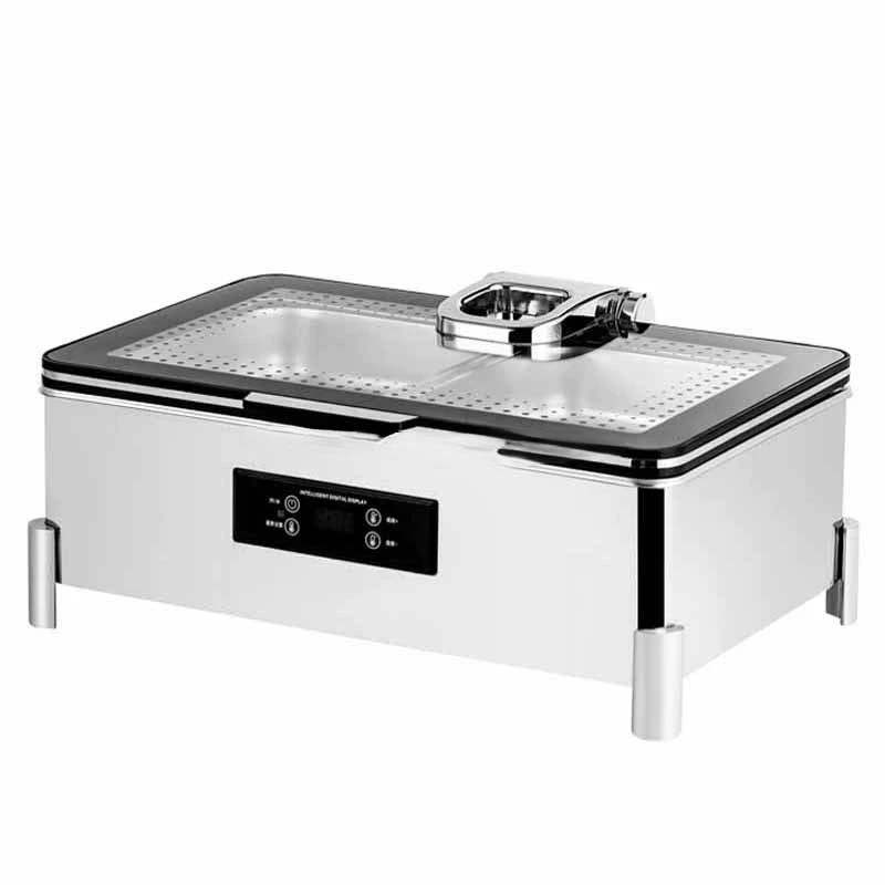 Glass lid visible Metallic Wood grain Hot Pot Rectangle Food Warmer ceramic inside basin Digital display hydraulic chafing dish