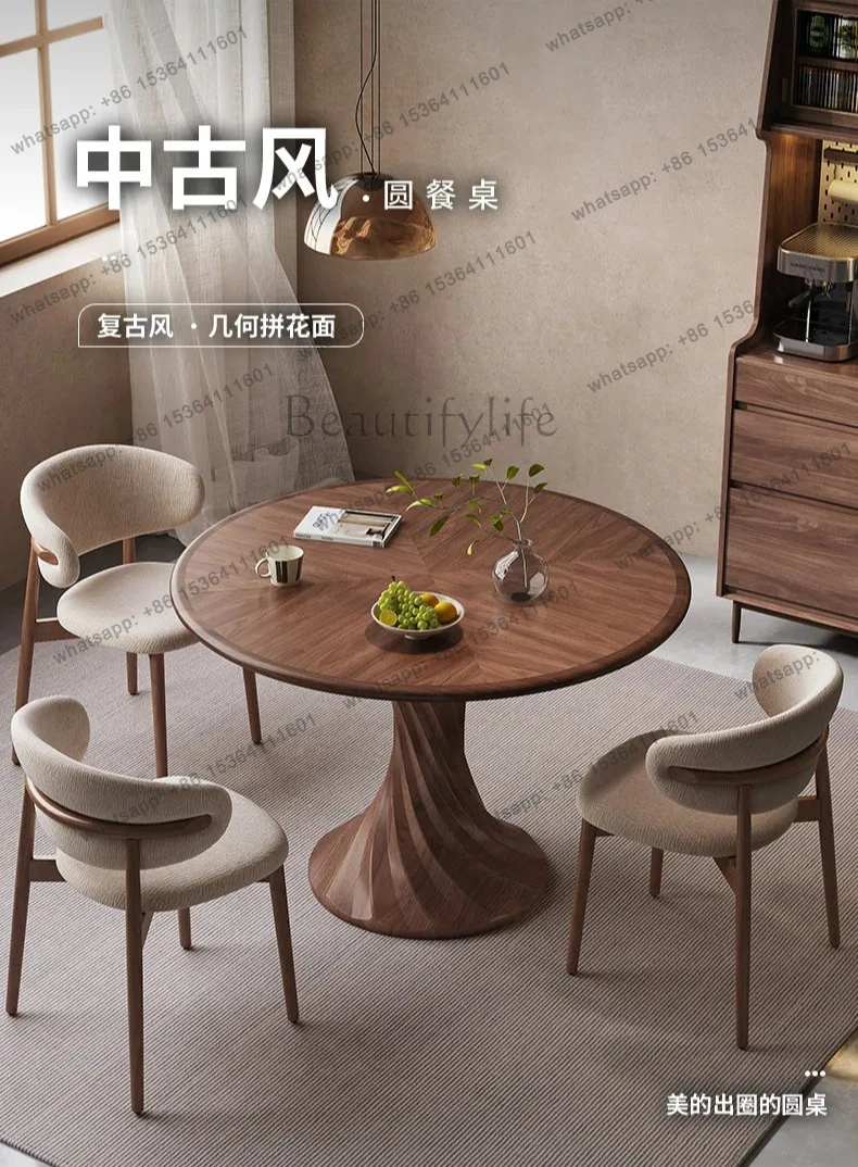 

New Chinese-style Living Room Household Small Apartment All Solid Wood Round Dining Table New Antique Walnut