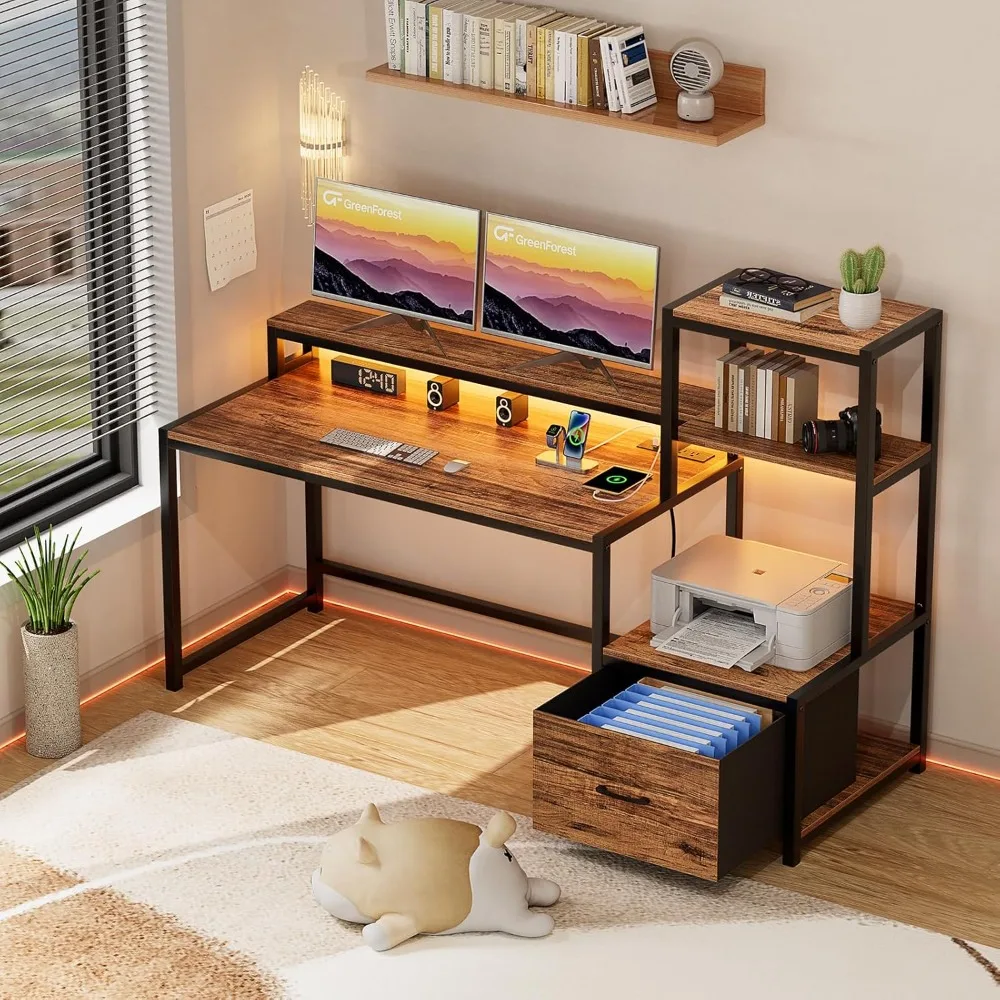 Office Desk with Power Outlets and Printer Shelf, 68.8 inch Computer Desk with LED and Drawer, Reversible Gaming Desk