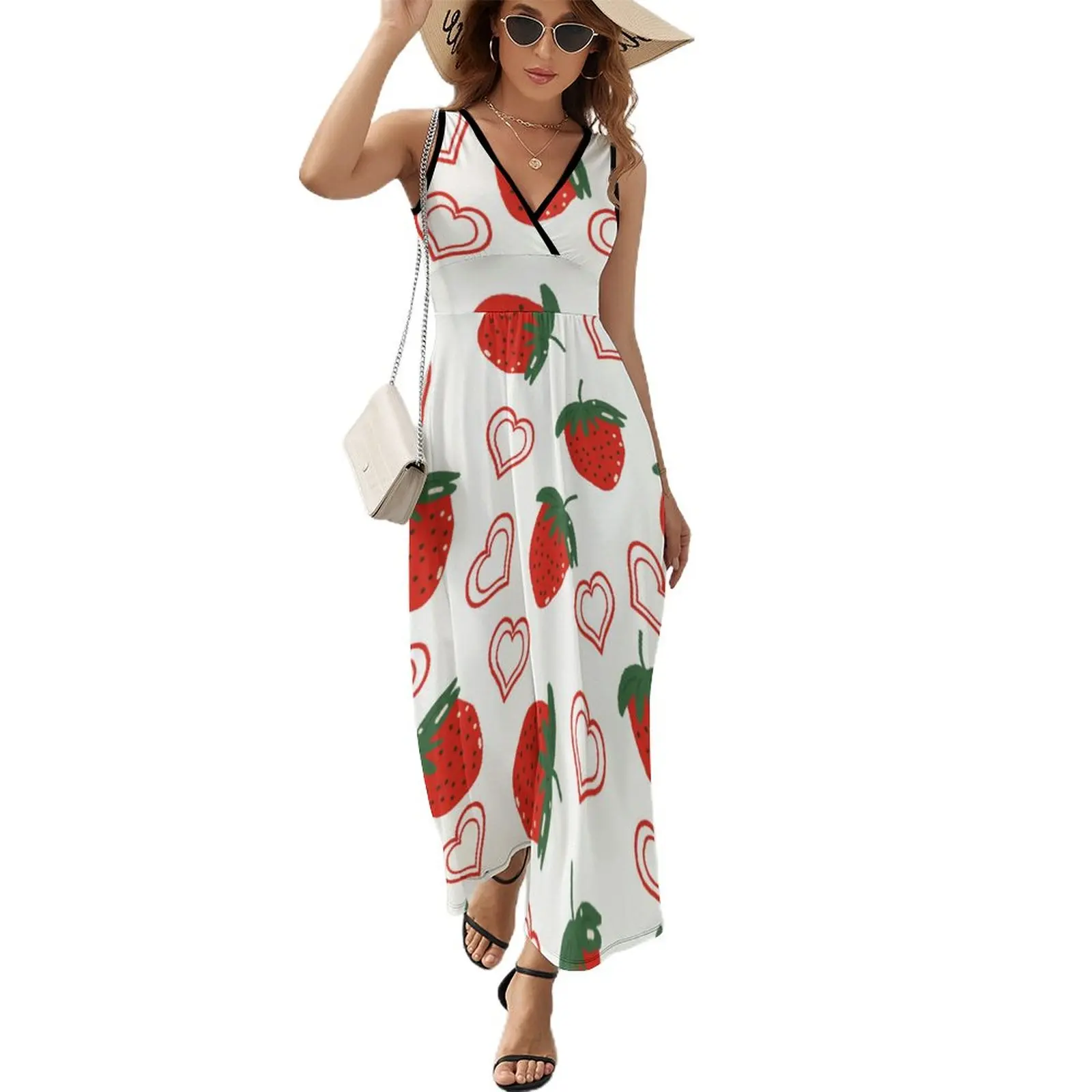 

Cute Strawberry And Heart Dress Sexy Maxi Dress Streetwear Bohemia Long Dresses High Waist Custom Oversized Clothes