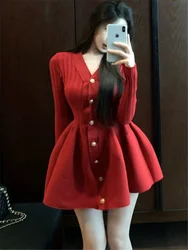 Holiday Christmas Party Red Short Knitted Dress French Women V Neck Long Sleeve Puffy A Line Mini Dress Sweater Bottoming Dress