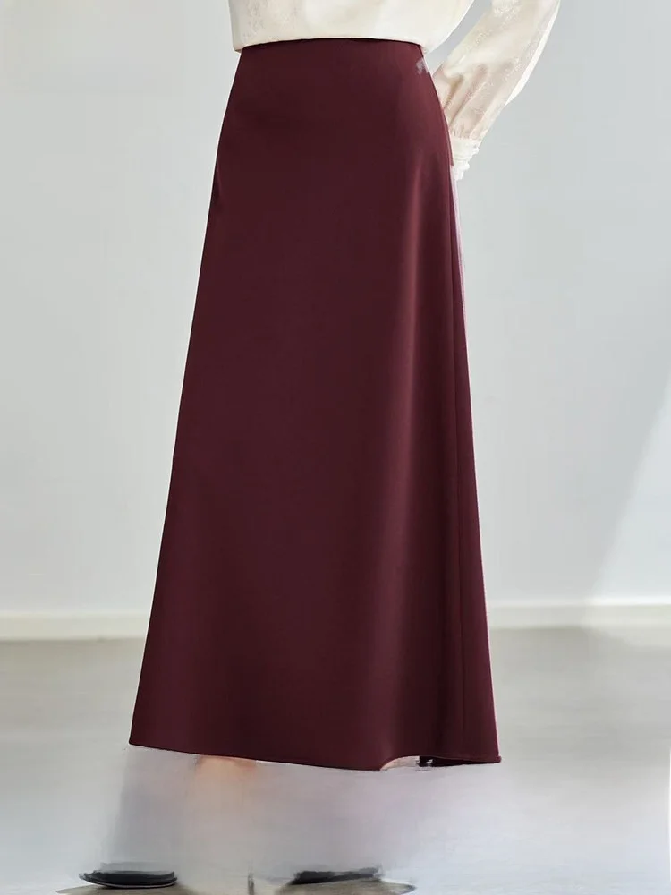 

Elegant Red A-Line Midi Skirt for Women Stylish Casual High Waist Design Sensible Middle-Length Skirt by FX．＆Mongyi