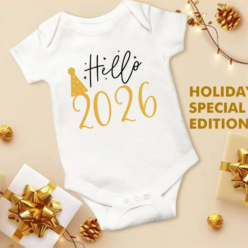 Baby Bodysuit Hello 2026 Infant Romper New Year Baby Gift Toddler Short Sleeve Jumpsuit Boys Girl Clothes Newborn Shower Present