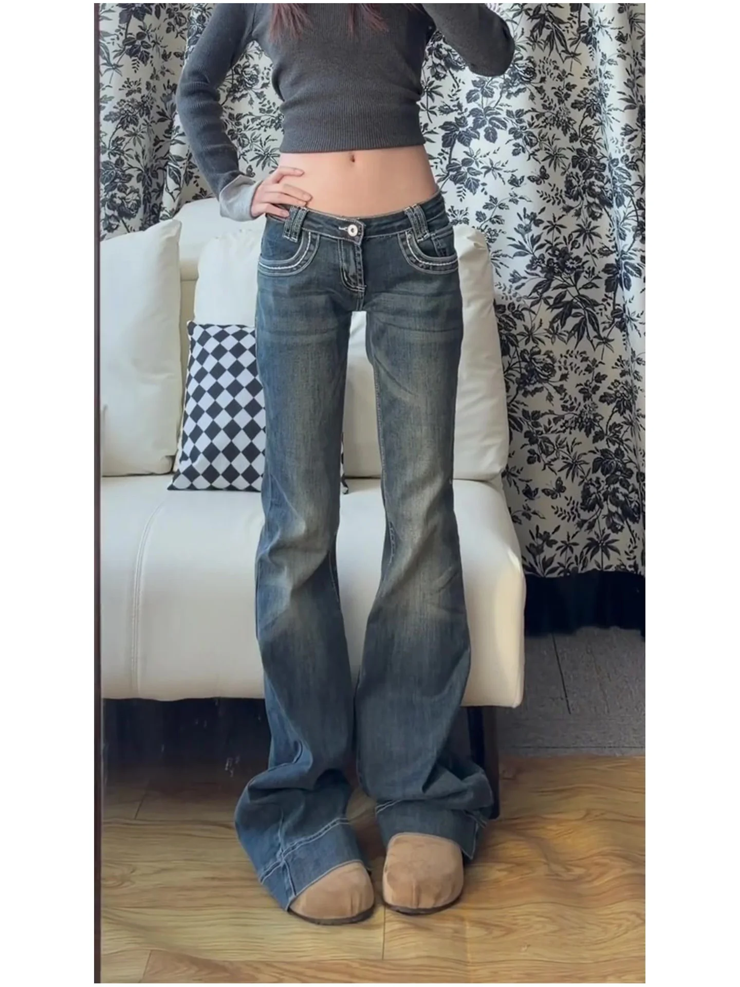 

Женские джинсы Deep Blue Vintage Washed, удлиненные, прямого кроя, с низкой посадкой, в американском стиле, весенняя новинка, с эффектом похудения