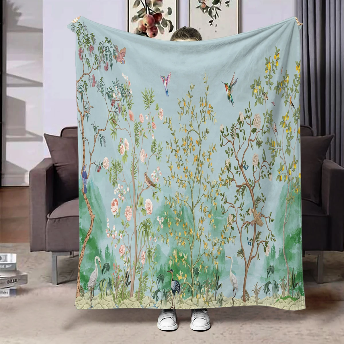 Kreative Überwurfdecke mit Blumen und Vögeln, Flanell-Druckdecke, superweiche, gemütliche Decke für Sofa und Nickerchen, Heimdecke, perfektes Geschenk für Sie