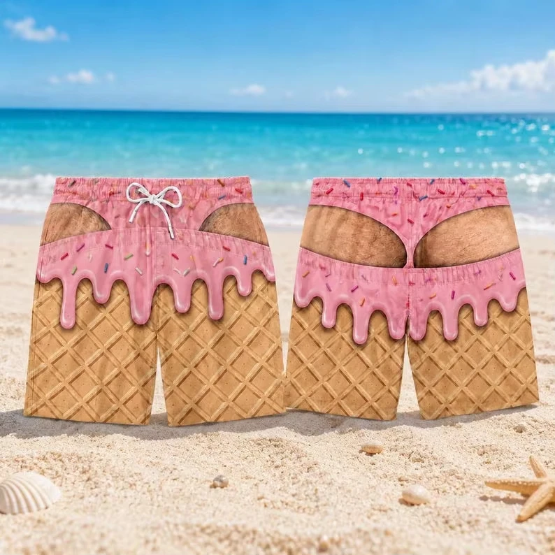 2026 Fun Men's Swim Trunks, Ice Cream Cone Beach Pants, Fake Butt Beach Shorts As A Spoof Gift for Him Family Matching