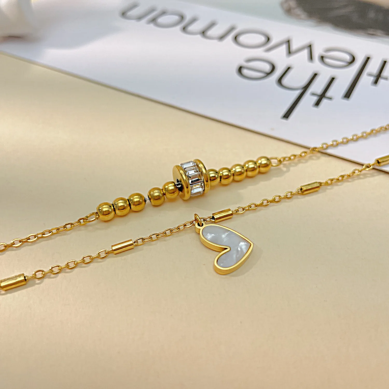 316L Stainless Steel New Fashion Jewelry 2-Layer Zircon Beaded Natural Shell Love Heart Charm Chain Anklet For Women Tobilleras