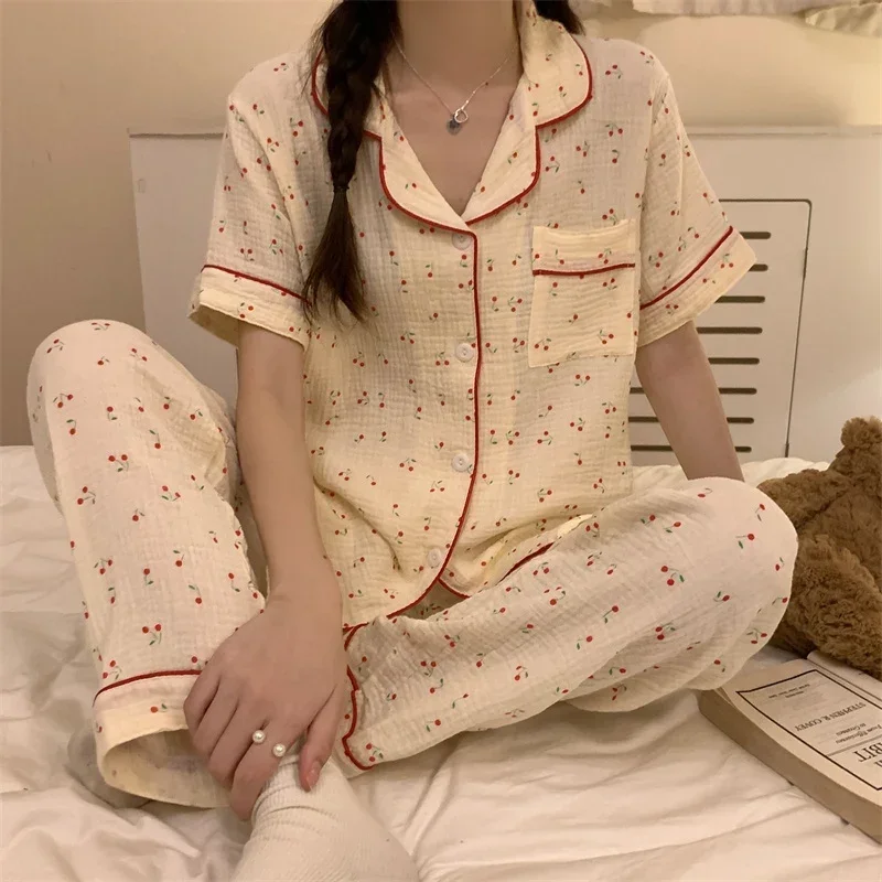 2023 New Summer Cotton Print Short Sleeve Long Pants Pajama Sets For Women Korean Sleepwear Pyjama Homewear Pijama Mujer Clothes