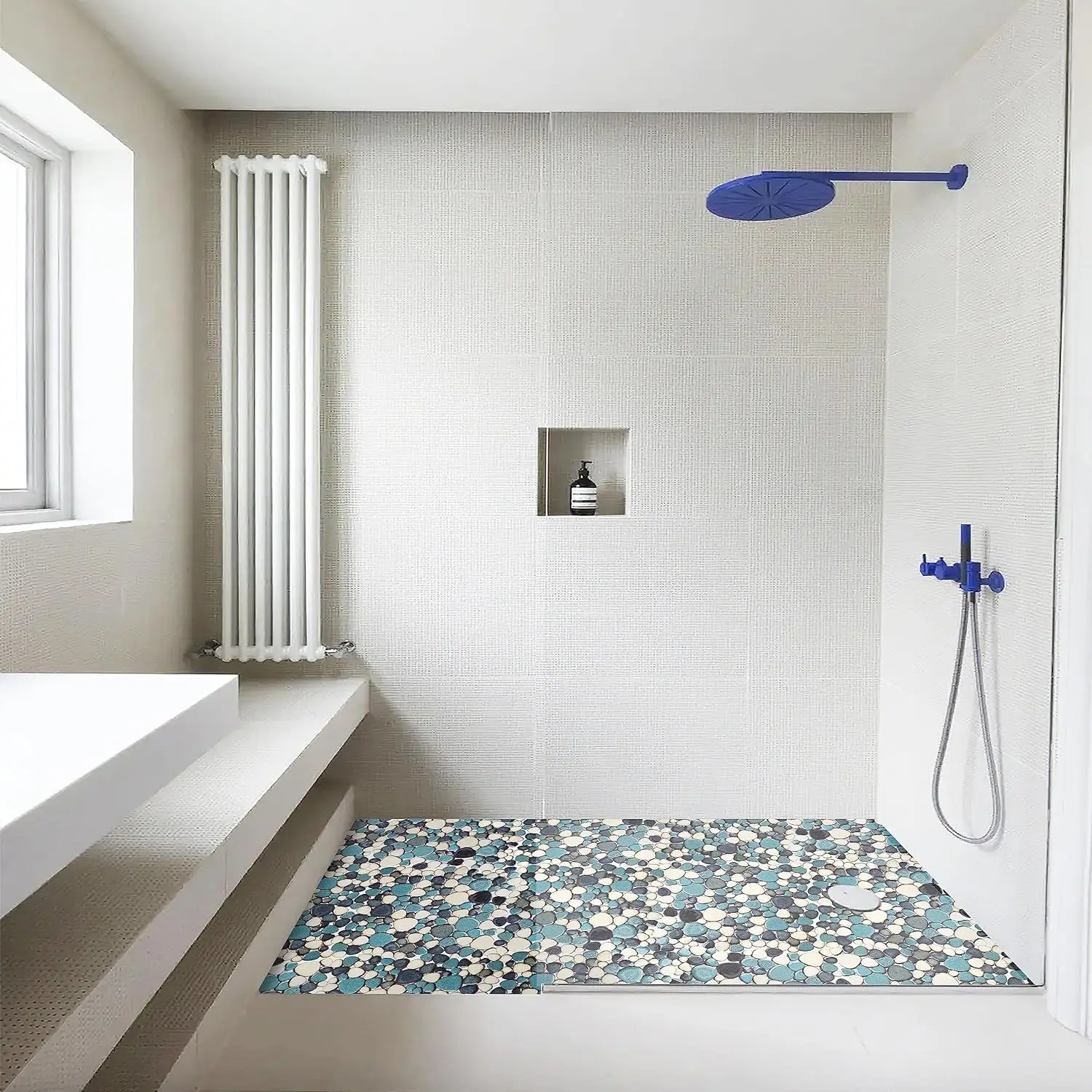 Interlocking Pebble Tiles 5 Sheets,Aqua Teal Blue Mosaic Tiles Mesh Mounted,12x12Waterproof Ceramic Tile Flooring forKitchenBath