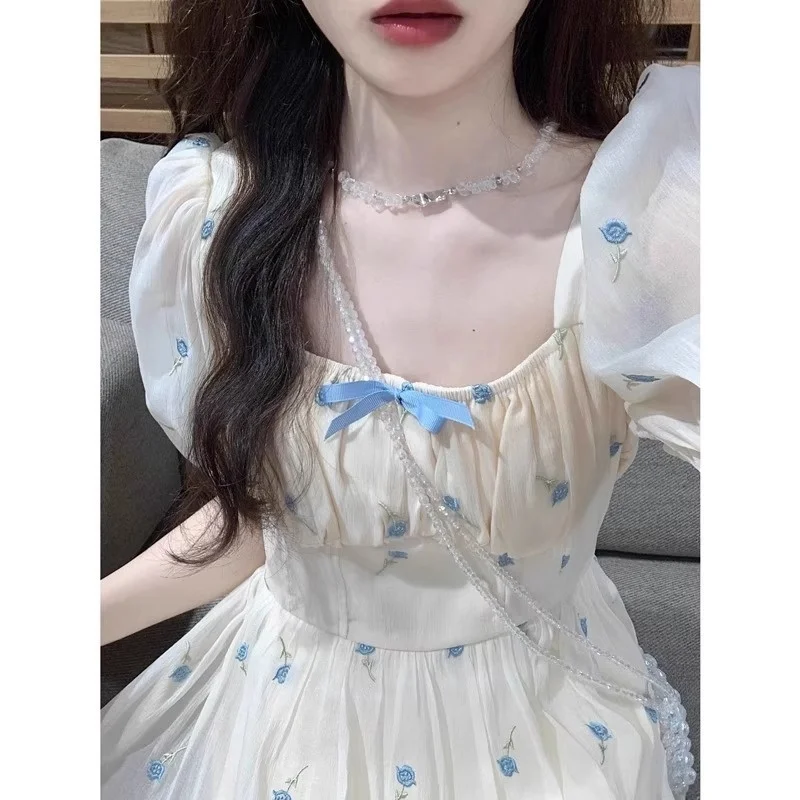 

Tea Break French Style 2024 Summer New Floral One Line Neck Bubble Sleeve Dress Fairy Sweet Fresh Waist Cinching Birthday Skirt