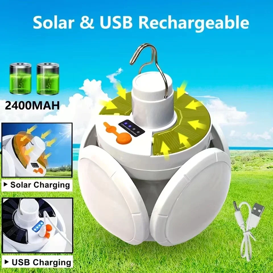 Powerful Solar Camping Light USB Rechargeable LED Football Bulb Lantern with Hook Outdoor Folding Camping Emergency Tent Light