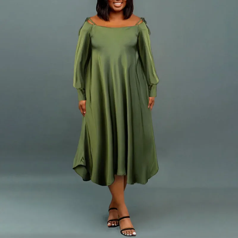 Robes mi-longues en satin vert émeraude, robes mi-longues découpées, manches longues, grande taille, hors de l\'initiative, élégante, automne, hiver,