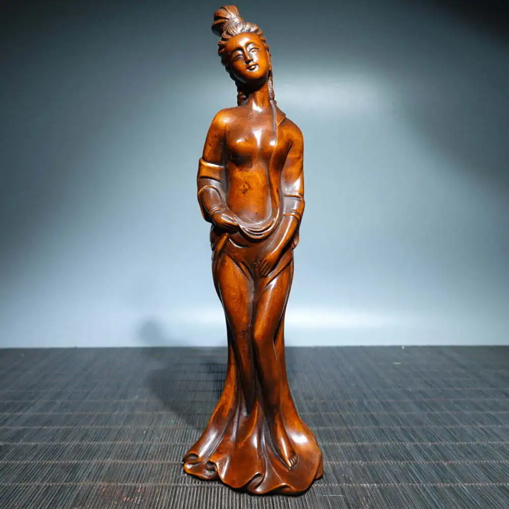 Chinese Boxwood Wood Carving Sexy Beautiful Woman Statue Wooden Sculpture Decor