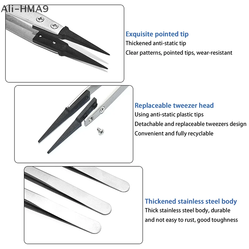 

Antistatic Tweezers, Plastic Tipped Tweezers, Electrician Tweezers Curved Flat Interchangeable Tip Antistatic Fixture