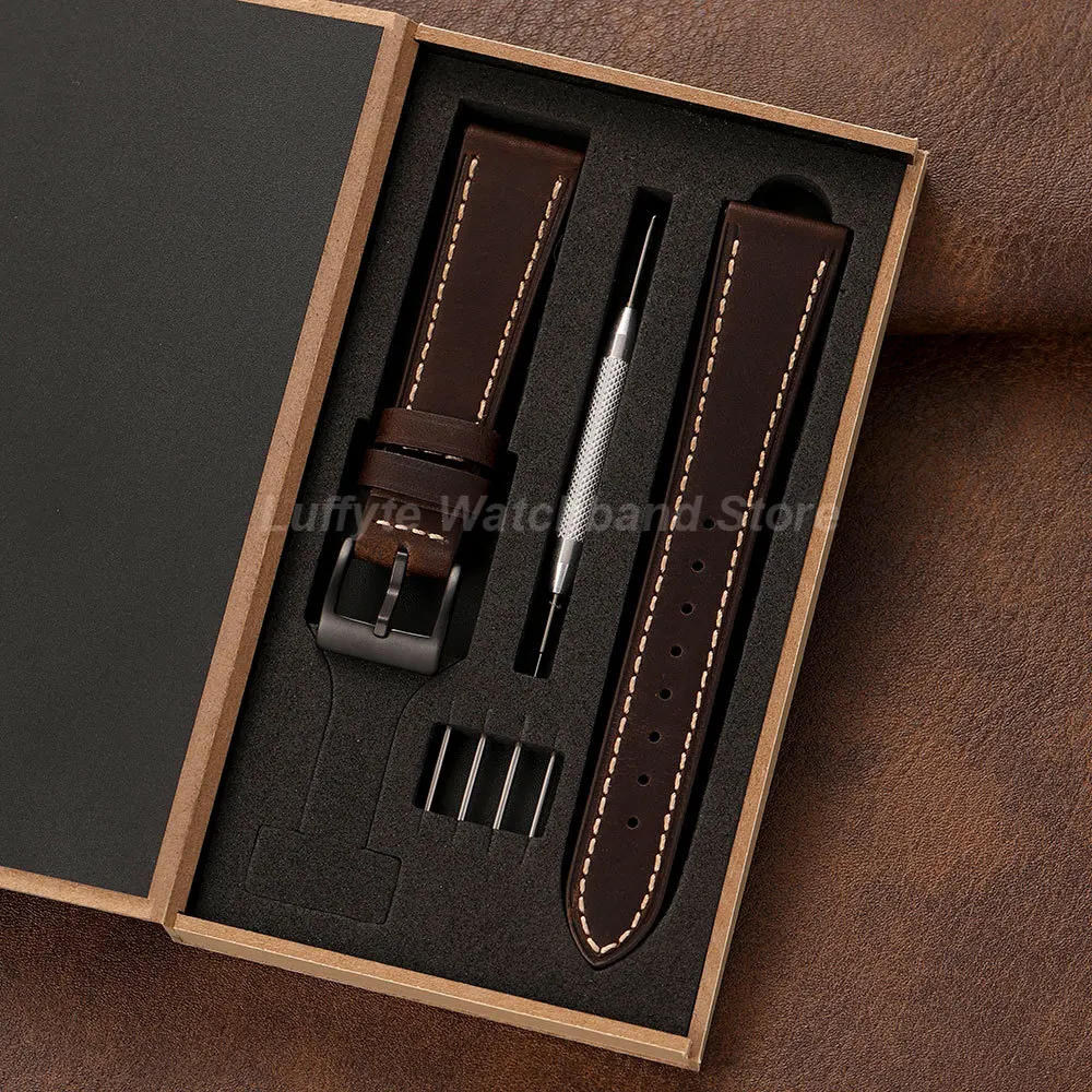 Vintage Men Women Oil Wax Leather Watch Band 18mm 20mm 22mm with Gift Packing Box Retro Black Buckle Calfskin Wristwatch Strap
