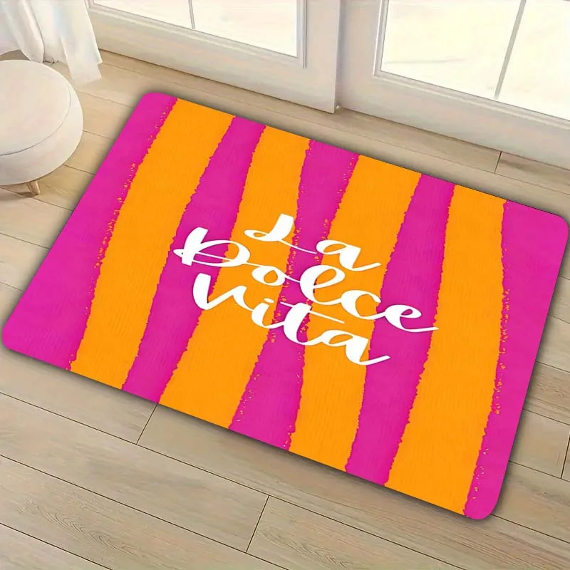 La Dolce Vita Doormat Bright Pink and Orange Stripes with Italian Quote Print Non Slip Floor Mat for Cheerful Home